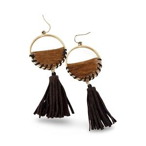 Handmade Cowhide & Leather Tassel Earrings in Brown and Gold